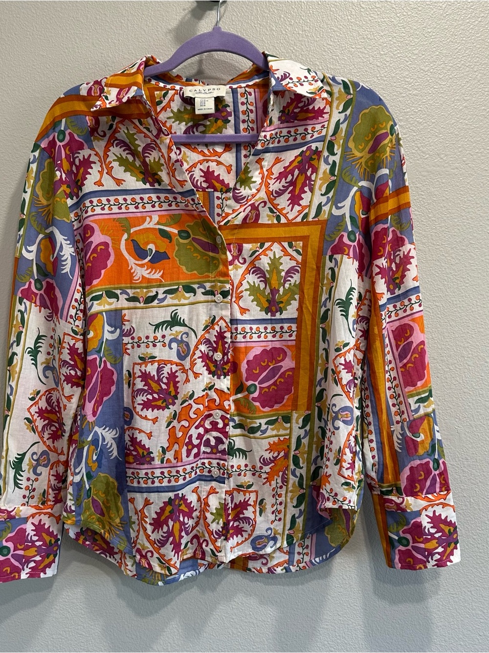 Calypso St.Barth Vibrant Multi-Color Printed Button-Up Blouse,cotton - Picture 2 of 7